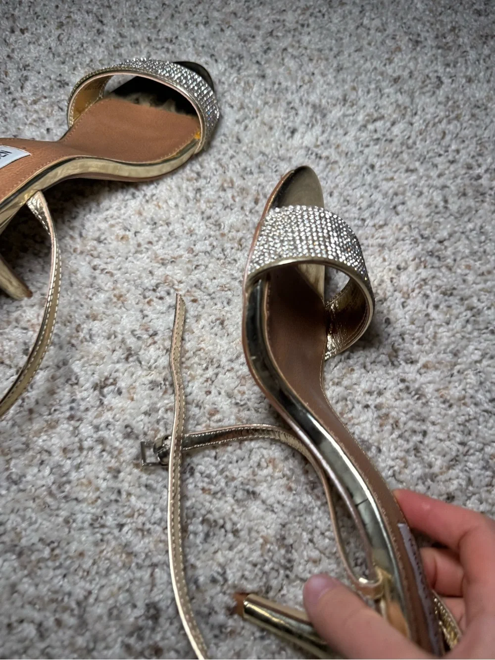 Steve Madden Metallic Gold Rhinestone Strap Ankle-Heel Sandals